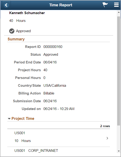 Approvals History - Time Report header approval page as displayed on a smartphone