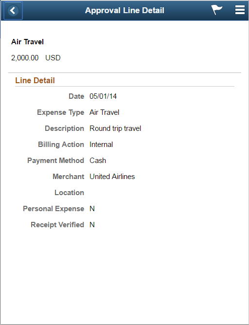 Approval History - Expense Report Line approval page as displayed on a smartphone