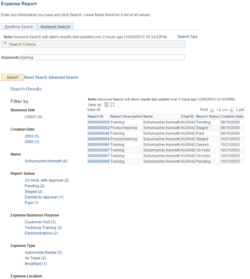 Expense Report - Keyword Search page