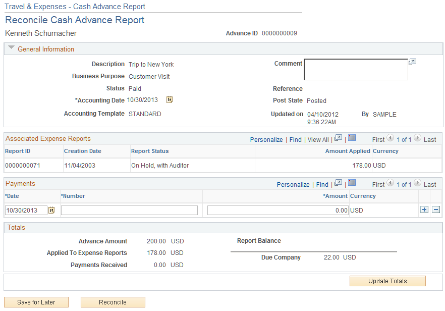 Reconcile Cast Advance Report page