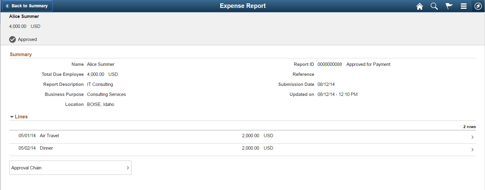 Approvals History - Expense Report header approval page