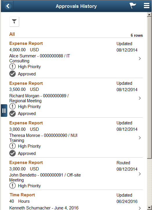 Approvals History - Expense Report list page (phone)