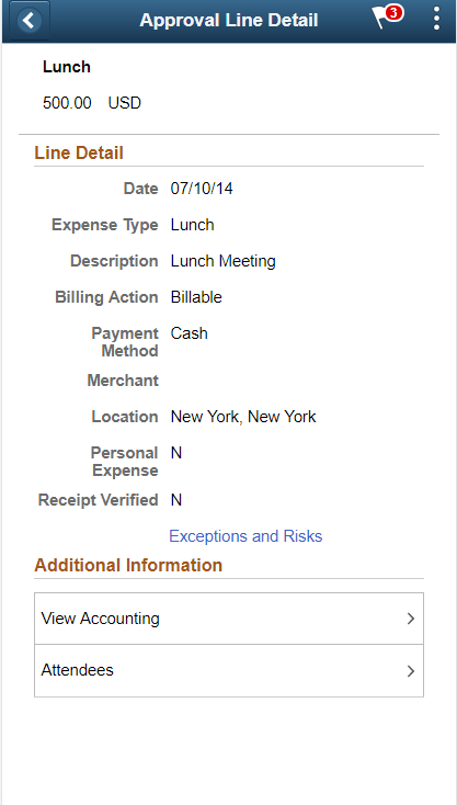 Expense Report line detail page (phone)