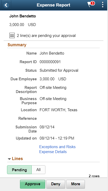 Pending Approvals - Expense Report header approval page (phone)