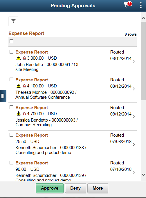 Pending Approvals - Expense Report list page (phone)