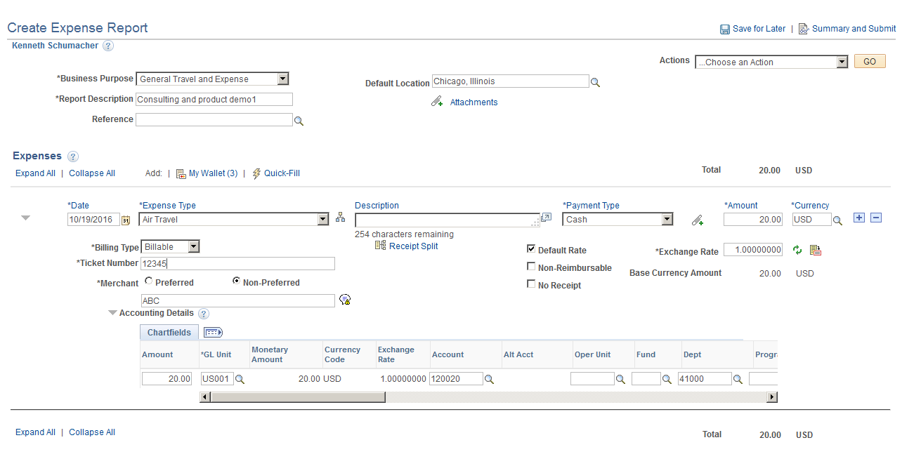 Create Expense Report page