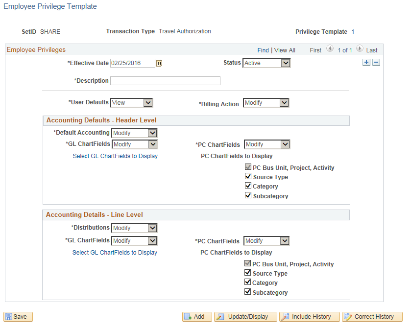 Employee Privilege Template page