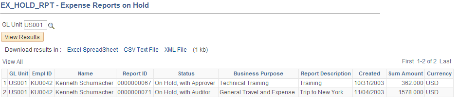 Expense Reports on Hold query