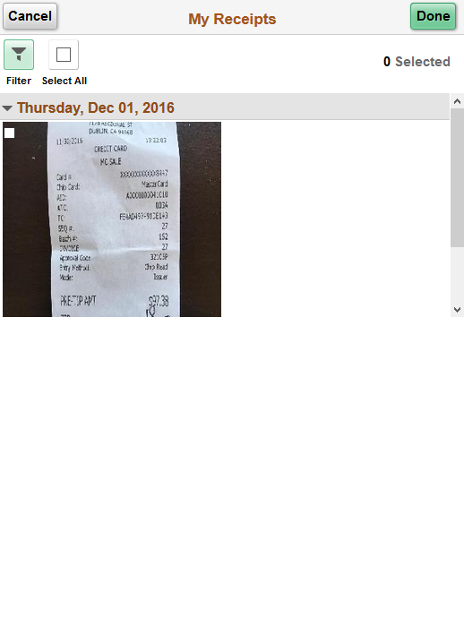 My Receipts page as displayed on a smartphone