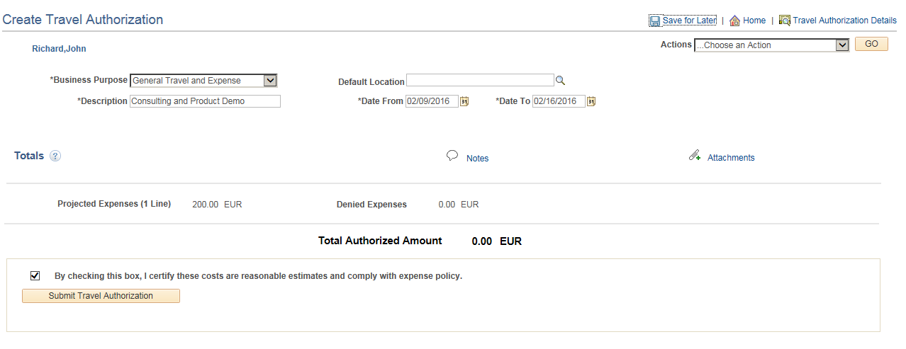 Create Travel Authorization (summary) page