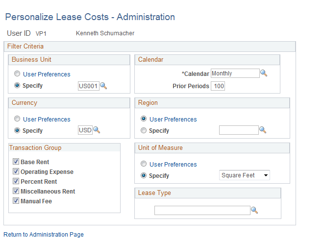 Personalize Lease Costs - Administration page