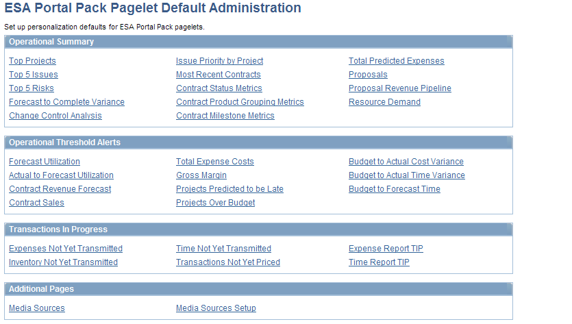 ESA Portal Pack Pagelet Default Administration page