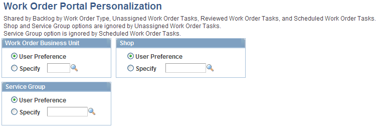 Work Order Portal Personalization page