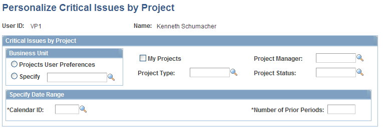 Personalize Critical Issues by Project page