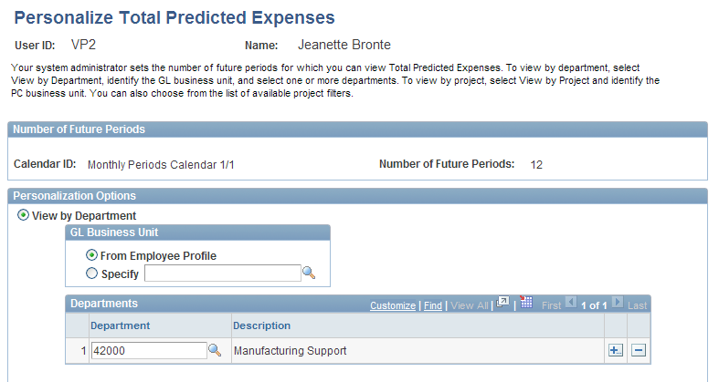 Personalize Total Predicted Expenses page (1 of 2)
