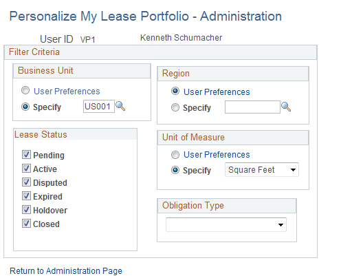 Personalize My Lease Portfolio - Administration page