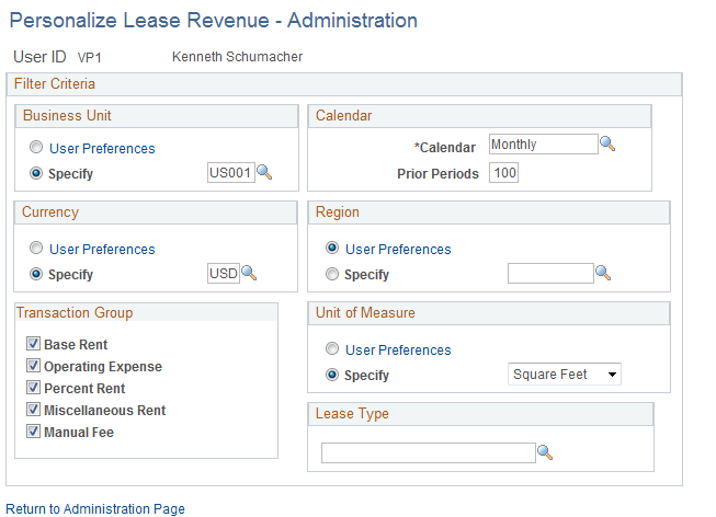 Personalize Lease Revenue - Administration page