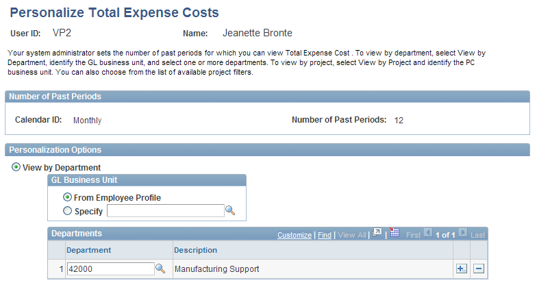 Personalize Total Expense Costs page (1 of 2)