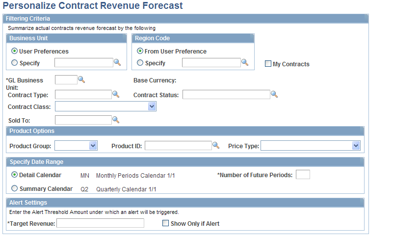 Personalize Contract Revenue Forecast page