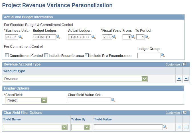 Project Revenue Variance Personalization page