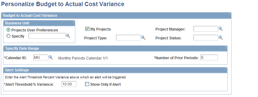 Personalize Budget to Actual Cost Variance page