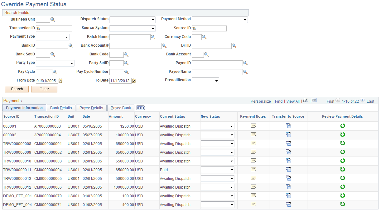 Override Payment Status page