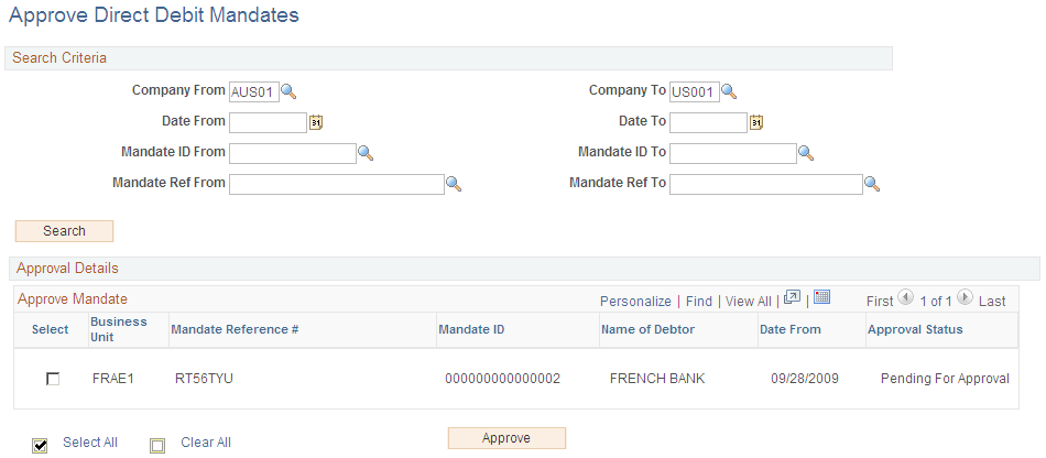 Approve Direct Debit Mandates page