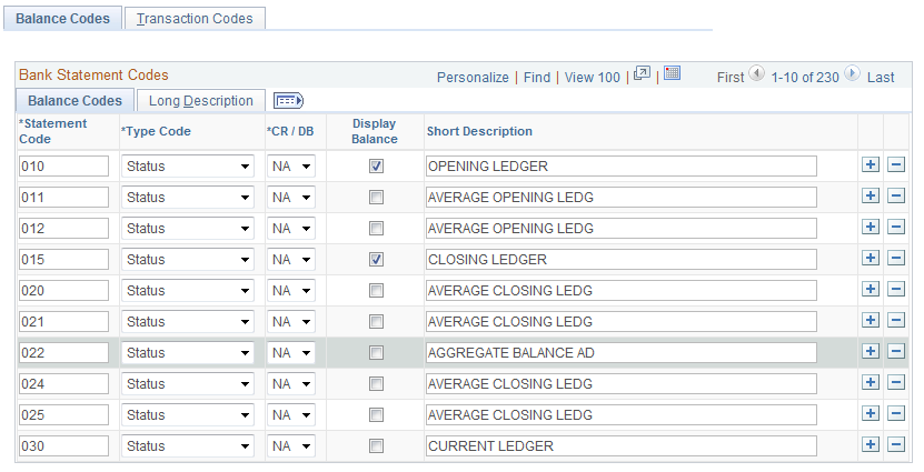 Bank Statement Codes - Balance Codes page