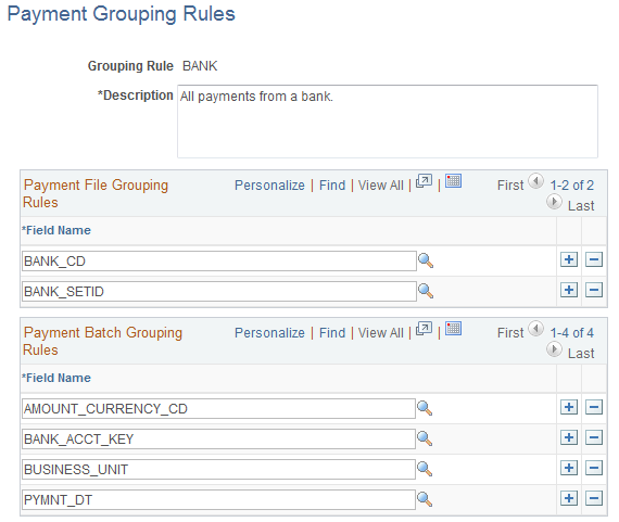 Payment Grouping Rules page