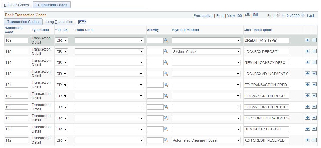 Bank Statement Codes - Transaction Codes page