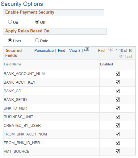 Security Options page