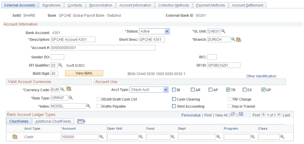 Example of External Accounts page designated for Global Payroll