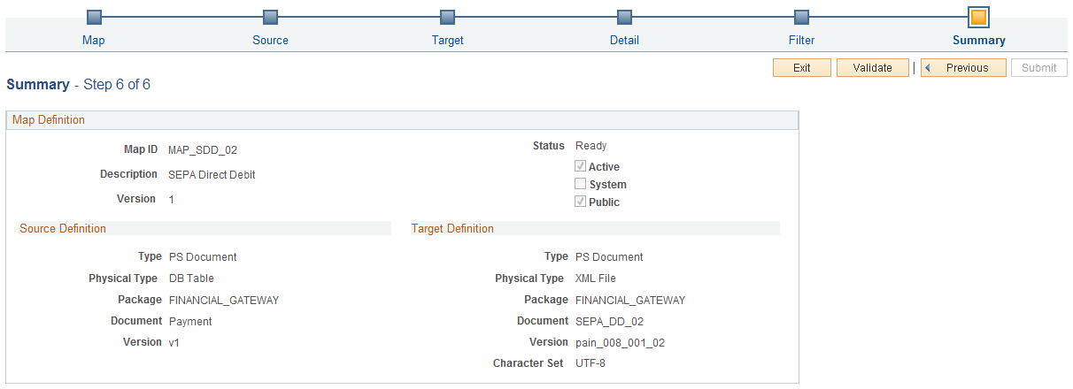 Example of the Map Definition - Summary Page for the SEPA Direct Debit Map (1 of 2)