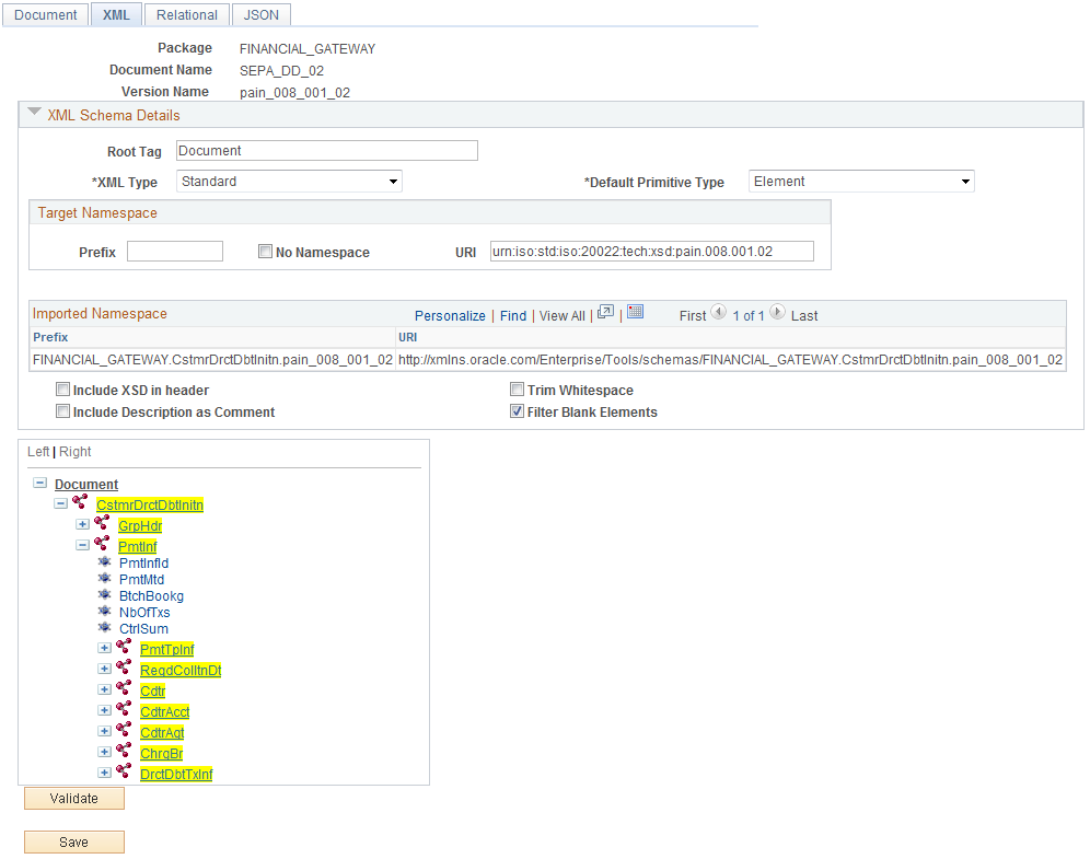 Example of the PeopleSoft Document page for the SEPA Direct Debit Target Document