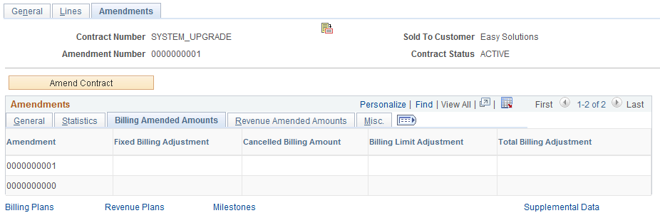 Amendments Page - Billing Amended Amounts tab