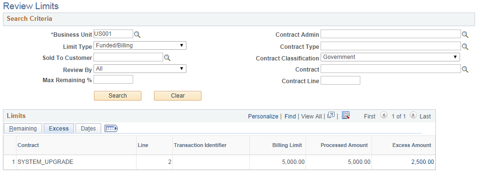 Review Limits page - Excess tab