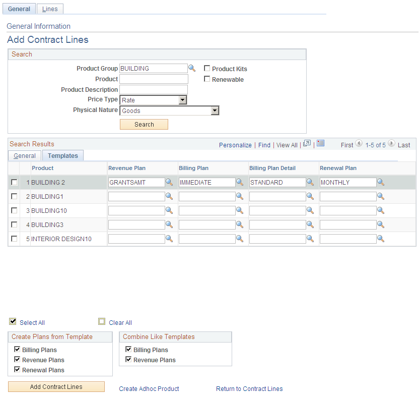 Add Contract Lines page: Templates tab (rate price type)