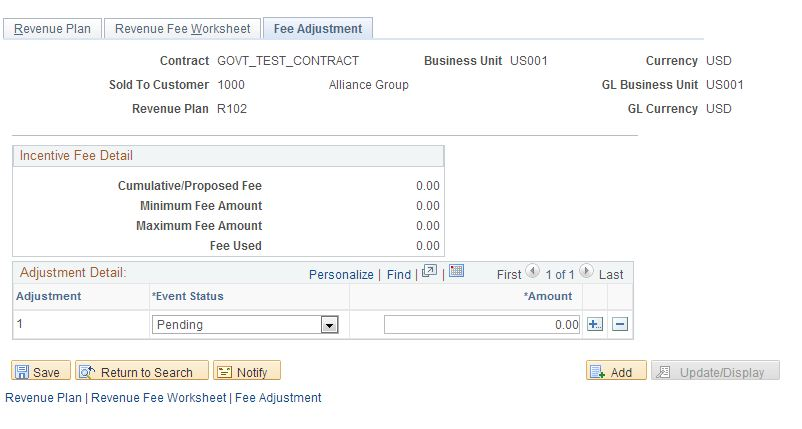 Fee Adjustment page (incentive fee type)