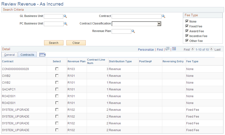 Review Revenue - As Incurred: Contract tab