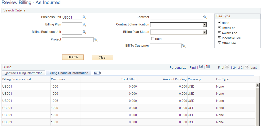 Review Billing - As Incurred page: Billing Financial Information tab