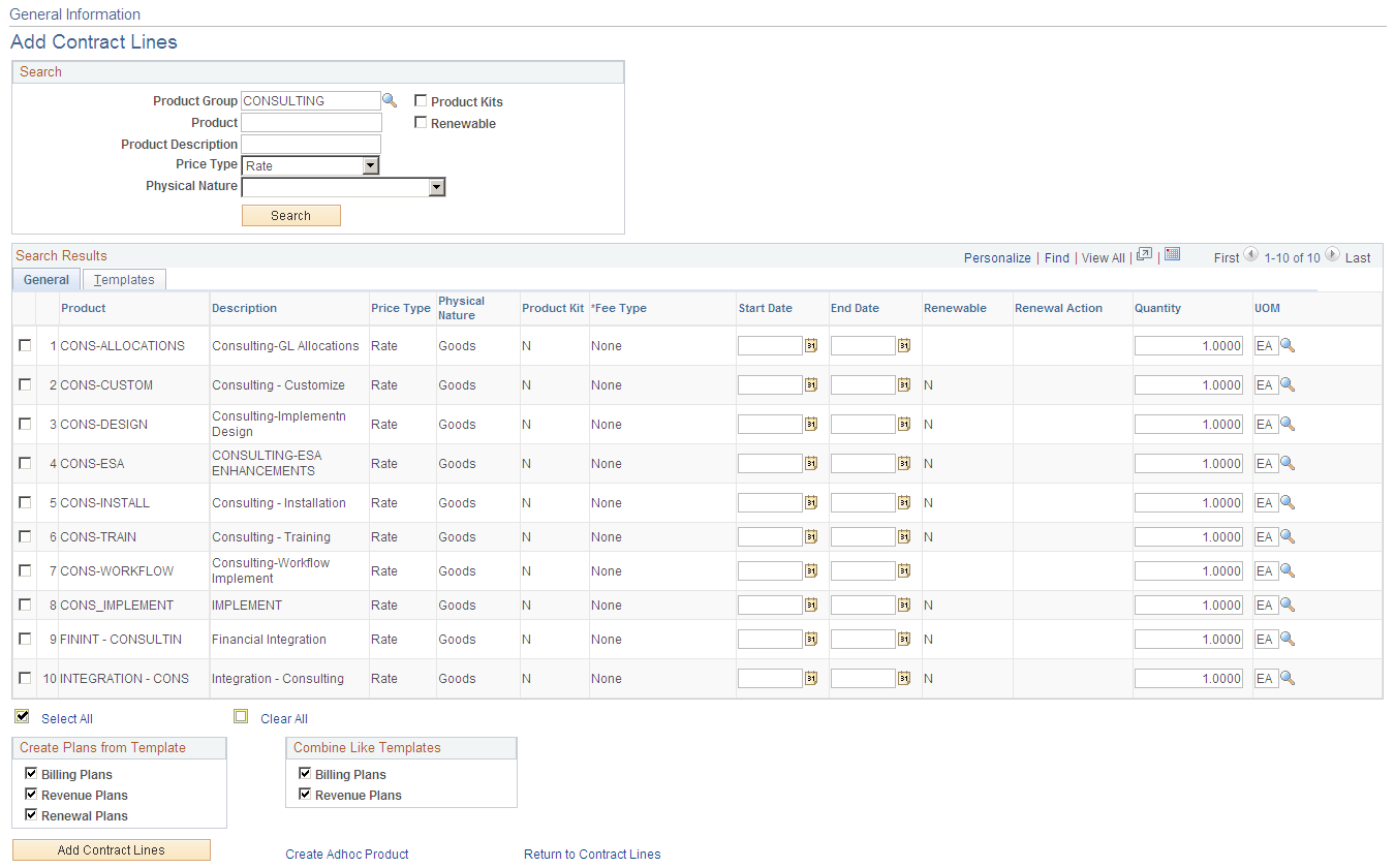 Add Contract Lines page (rate price type)