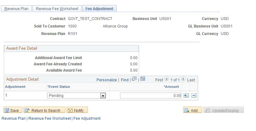 Fee Adjustment page (award fee type)