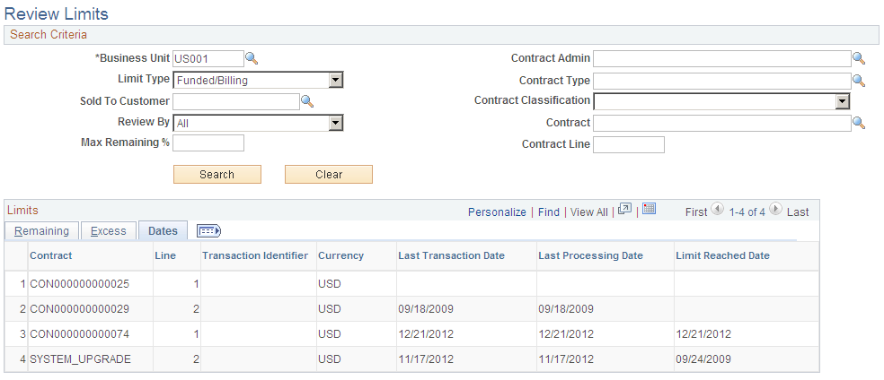 Review Limits page: Dates tab