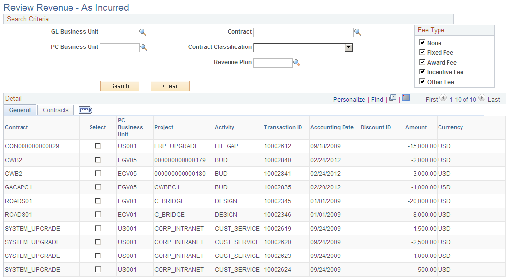 Review Revenue - As Incurred page