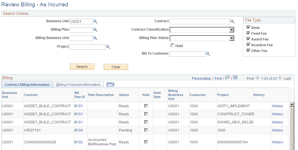 Review Billing - As Incurred page