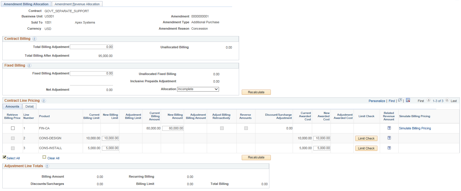 Amendment Billing Allocation page