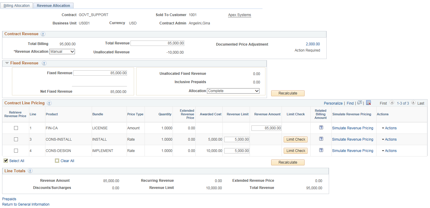 Revenue Allocation page