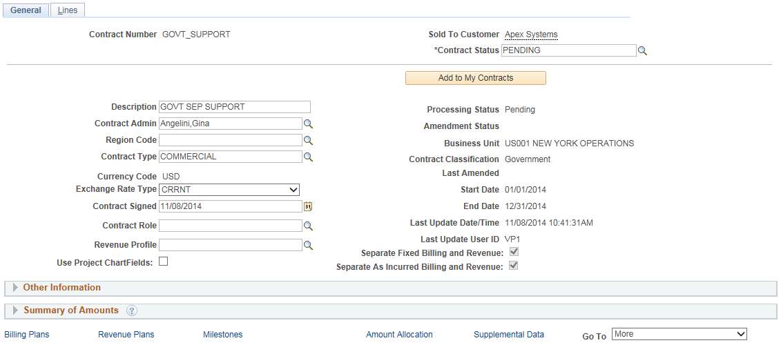 Contract Lines page - General