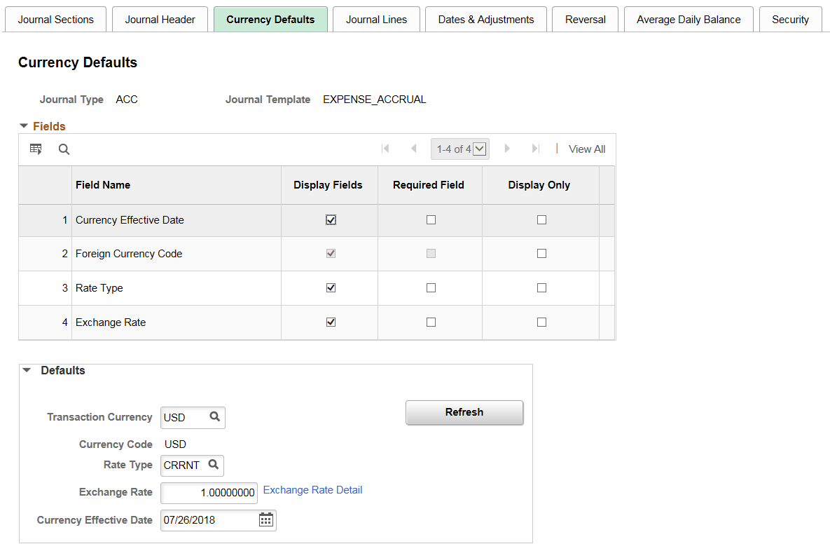 Currency Defaults page