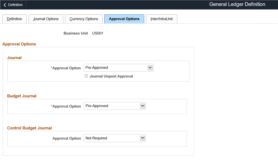 General Ledger Definition page